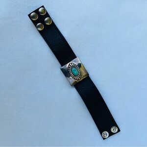 Barse 925 Vintage Sterling and Turquoise Cuff Leather Snap Charm Bracelet Black